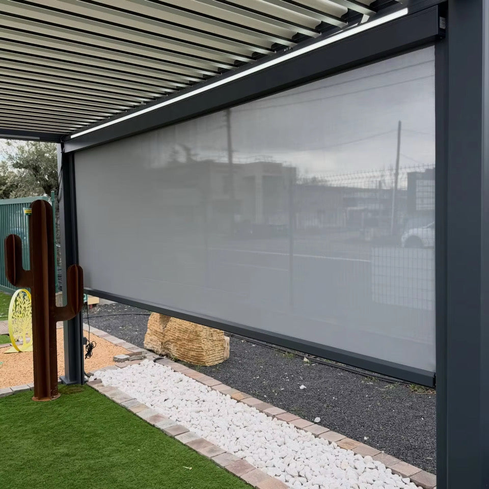 Optional gray electric privacy screen beneath the aluminum pergola louvre roof