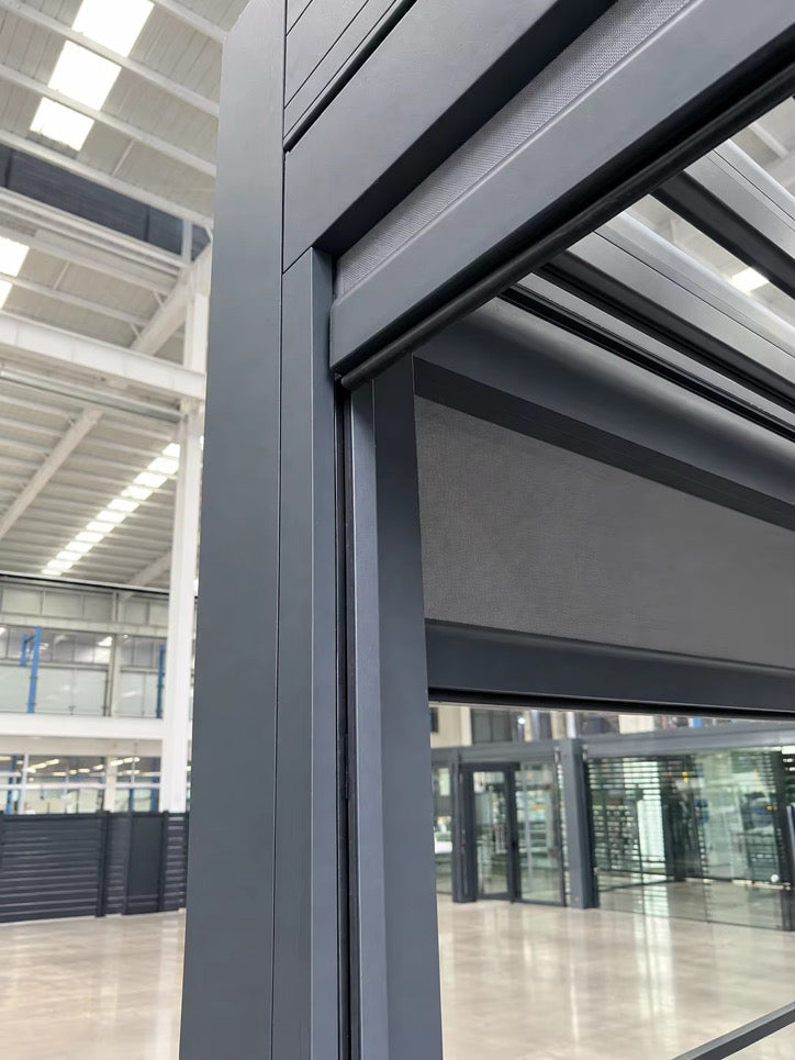 Close-up of the optional electric pergola privacy screen and gray aluminum frame