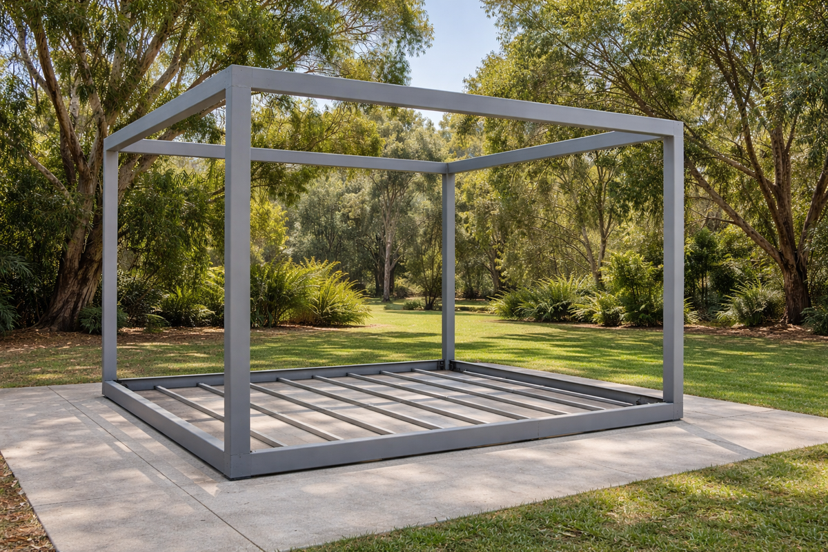 Placeholder 3: Ubloc reference steel frame or finished concept; proposed 12 x 20 ft configuration not depicted to scale