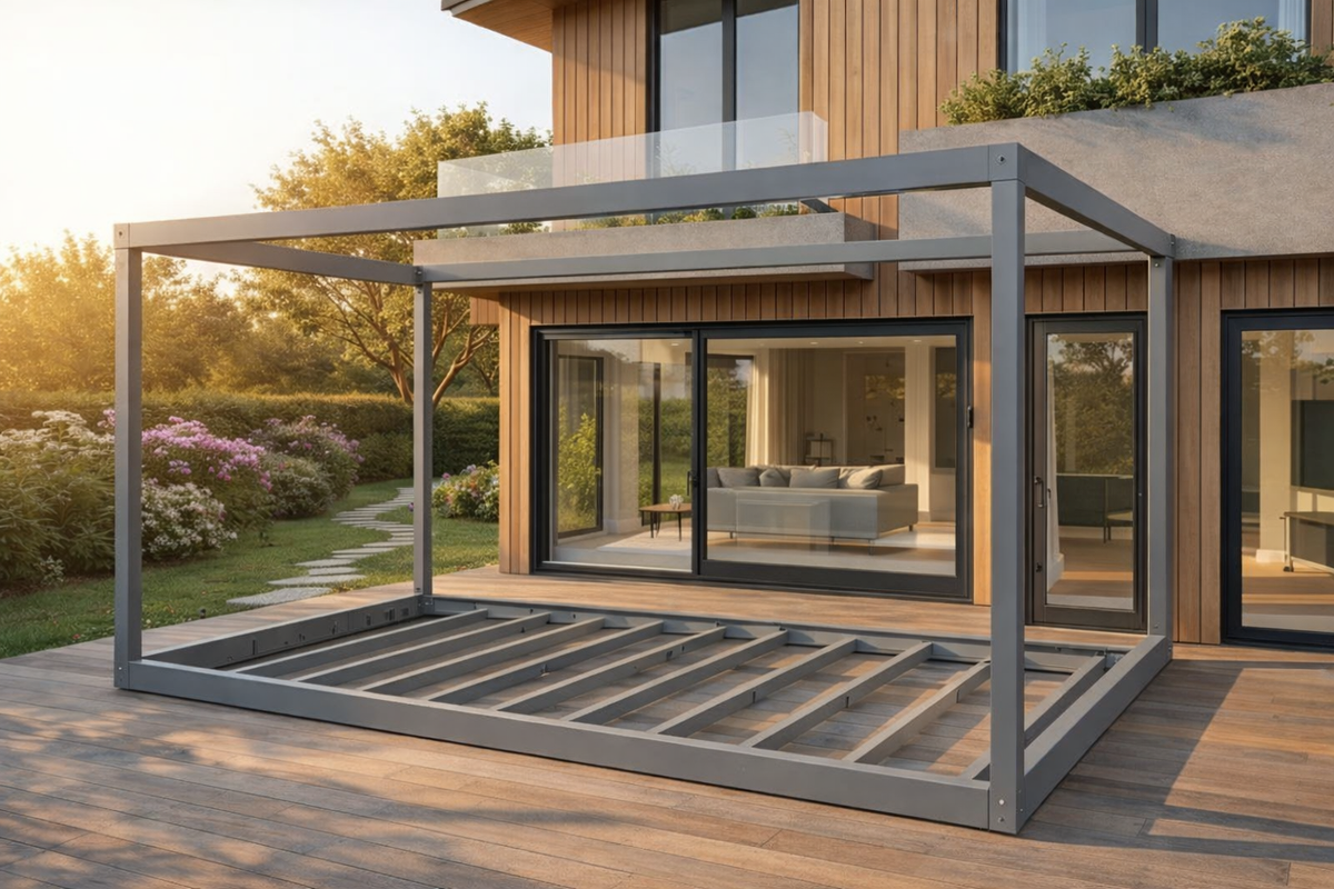 Placeholder 5: Ubloc reference steel frame or finished concept; proposed 12 x 20 ft configuration not depicted to scale
